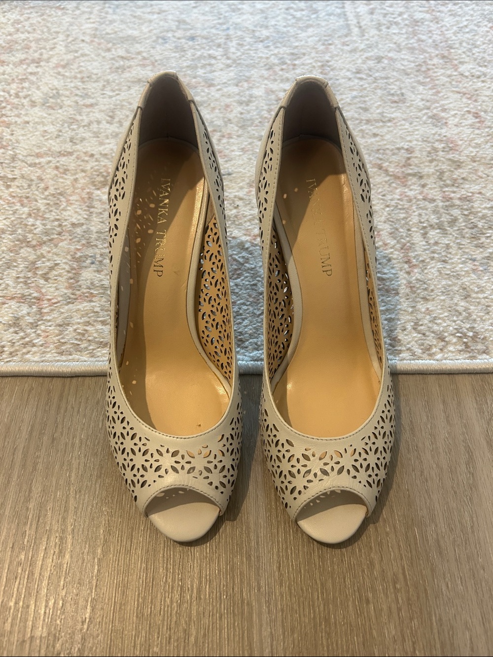 Ivanka Trump Cream Laser-Cut Peep-Toe Pumps